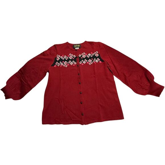 VTG Bob Mackie 2 Pc Cardigan Sweater Shell Embroidered Womens Medium Red Black - Picture 2 of 15